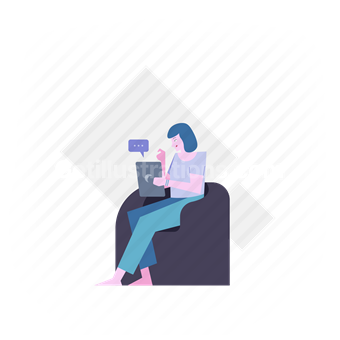 woman, armchair, chair, tablet, message